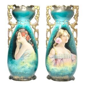 1890s Victoria Carlsbad Austria Art Nouveau 2 Art Nouveau Portrait Vases 11 5/8”